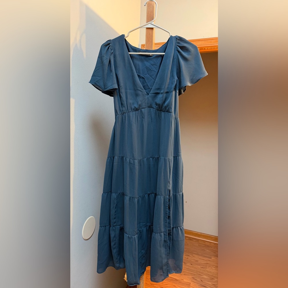 Abercrombie & Fitch Teal V-Neck Tiered Midi Dress